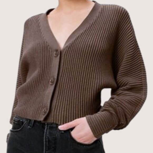 Good American Sweaters - Good American heavy rib crop V-neck cardigan brown women's size 1